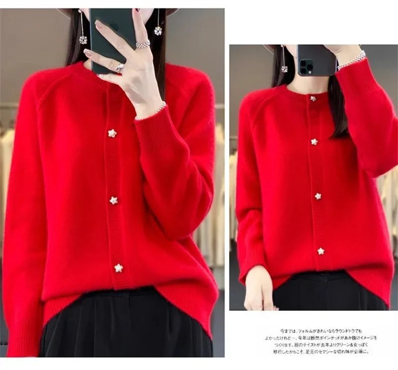 New Women Cardigan Sweater Autumn/Winter Round Neck Star Button Solid Knit Bottoming Shirt Jacket Quality Knitwear Female Tops
