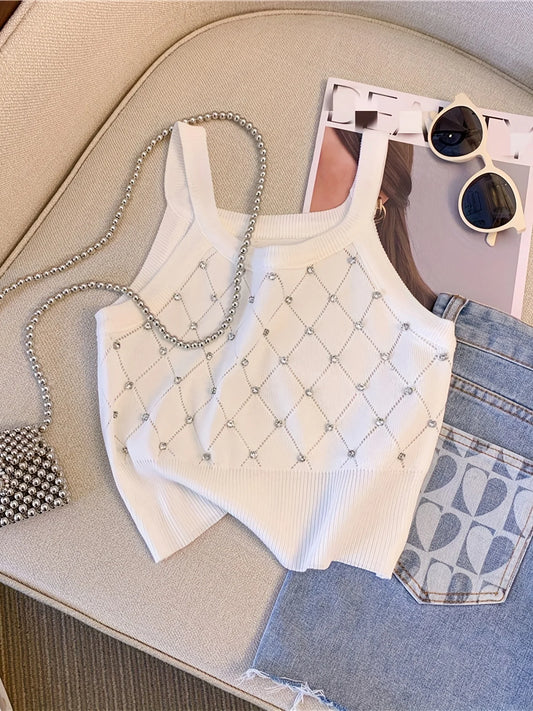 Solid Rhinestone Eyelet Spaghetti Top Casual Crew Neck Sleeveless Knitted Cami Top For Spring Summer Women's Clothing Crop Top