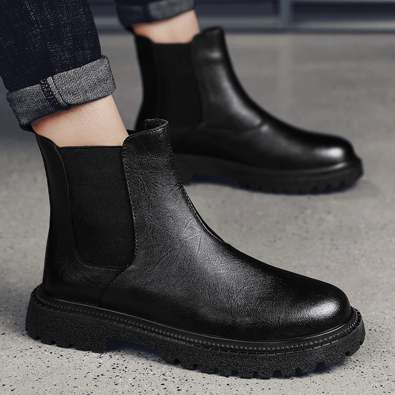 Mens Genuine Leather Chelsea Boots Ankle Casual Fashion Boot Luxury Winter Plush Warm Non-Slip Soles Pure Black Brown Suede