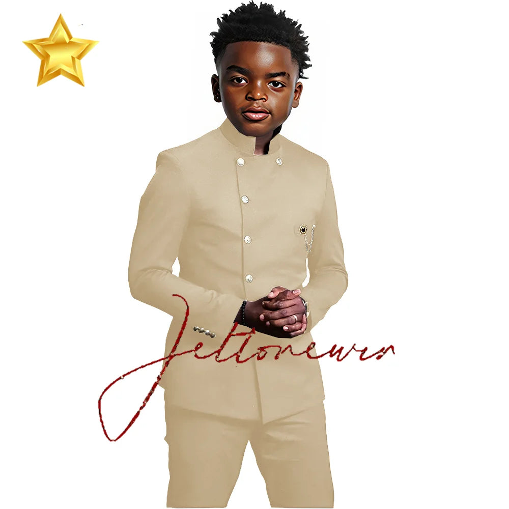 Elegant African Style Boy's Suit Stand Collar Blazer and Pants 2 Piece Casual Business Kids Wear