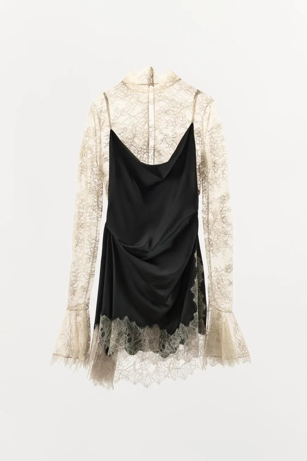 Contrast Lace Patchwork Mini Dress Women Elegant Full Flared Sleeve Waist Cinching Slim Mini Dresses 2025 Lady Street Chic Gown