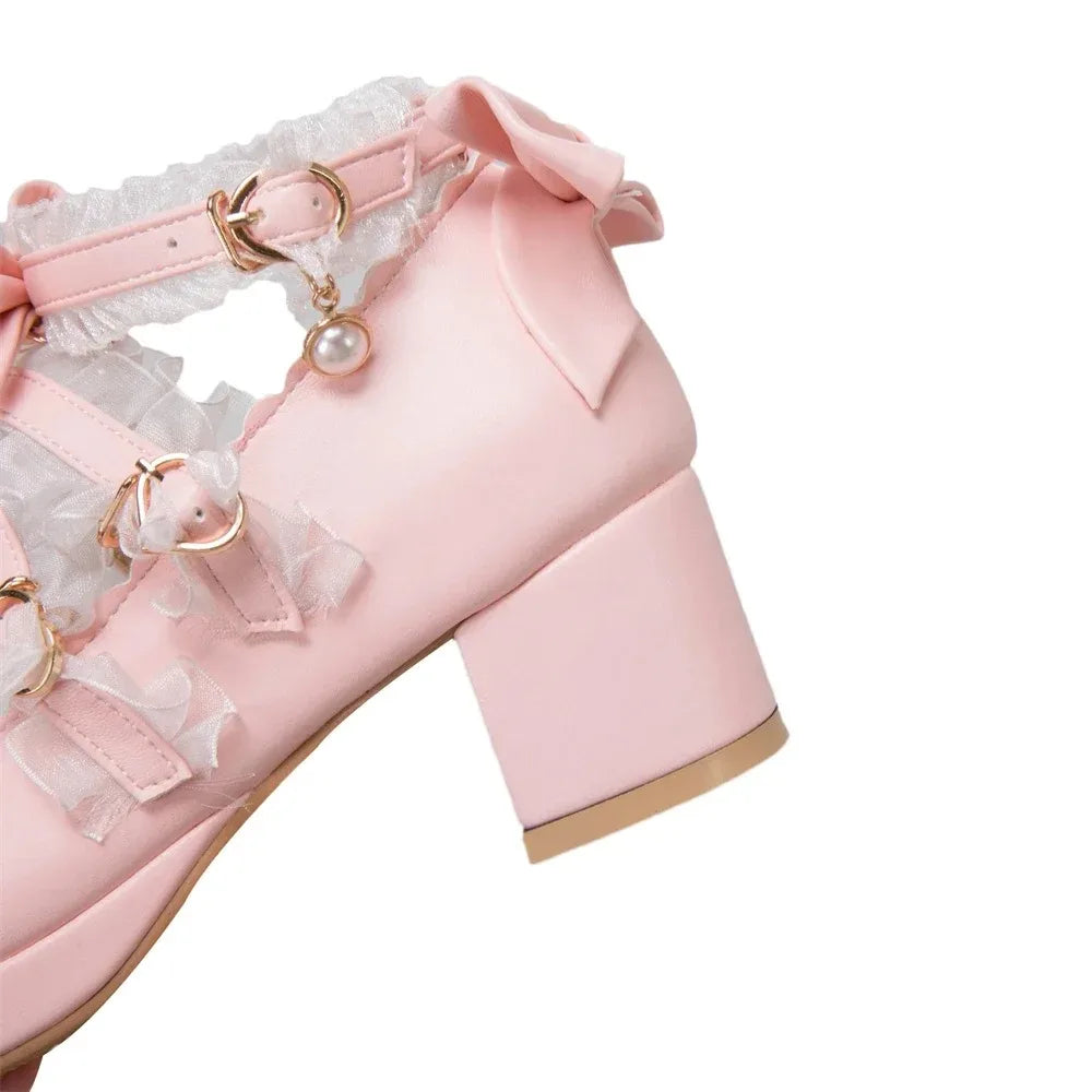 2025 Women High Heels Cross Strap Mary Jane Pumps Party Wedding White Pink Black Ruffles Bow Princess Cosplay Lolita Shoes 41