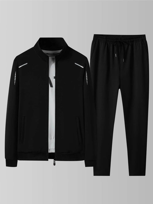Men's Casual Sportswear Set, Spring and Autumn Stand-Up Collar Open Jacket, Elastic Waist Pants, Two-Piece Set, Fashionable Runn
