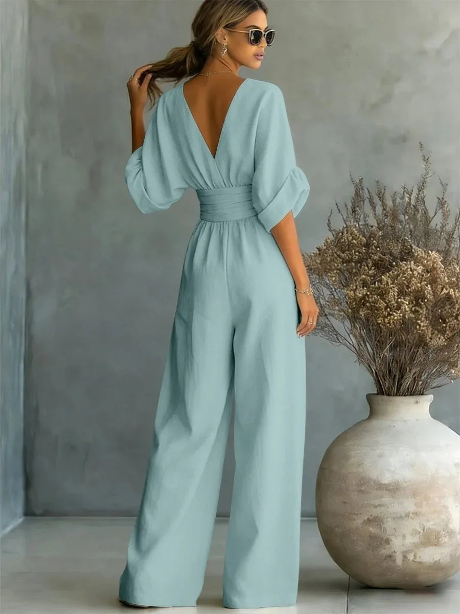 Women's Jumpsuit Fashion High Waist V-neck Casual Jumpsuits Sexy  Solid Color Office Wide Leg Trousers Overalls Vacation Outfit