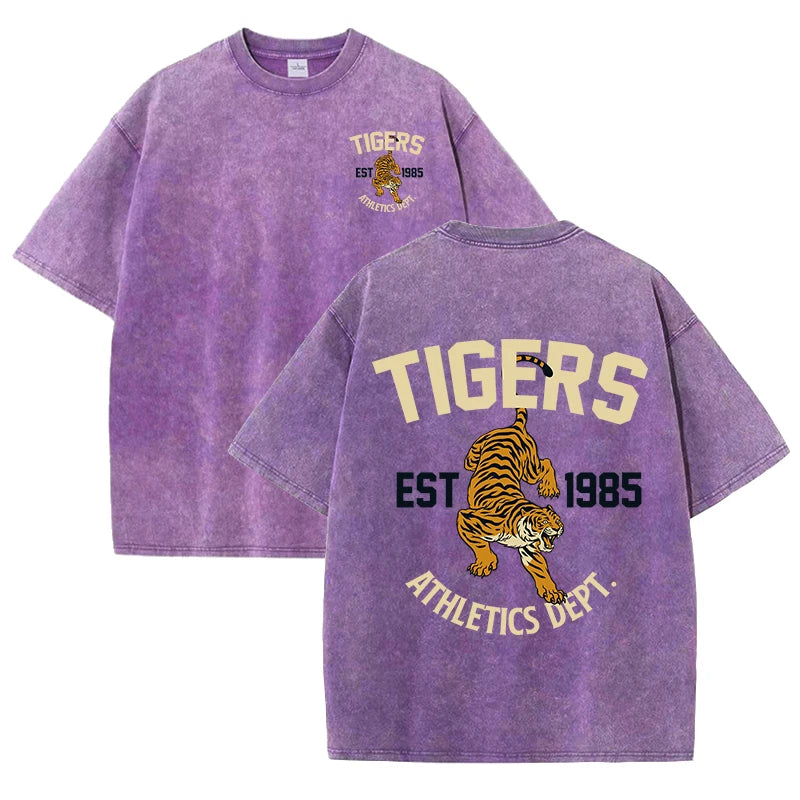 Tigers Est 1985 Sport Print Washed Women T-Shirt Summer Casual Retro T Shirts Snow Wash Tee Top Loose Unisex Retro Streetwear