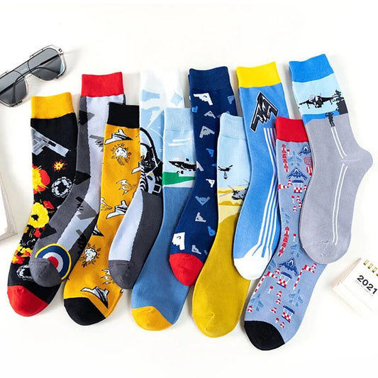 New Fighter Jet Fighter Carrier Aircraft Pattern Socks for Aviation Enthusiasts Stealth Men Crazy Party Crew Socks Cotton