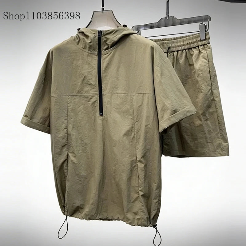 Casual Hooded Suit Mens Summer Workwear Thin Loose Fashion Couple Short Sleeve Waistcoat Shorts 2 Piece Set Male Cargo Tracksuit