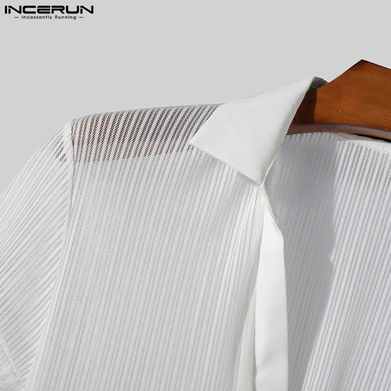 Fashion Well Fitting Tops INCERUN Men's Striped Perspective V-neck T-shirts Casual Streetwear Short Sleeved Camiseta S-5XL 2024