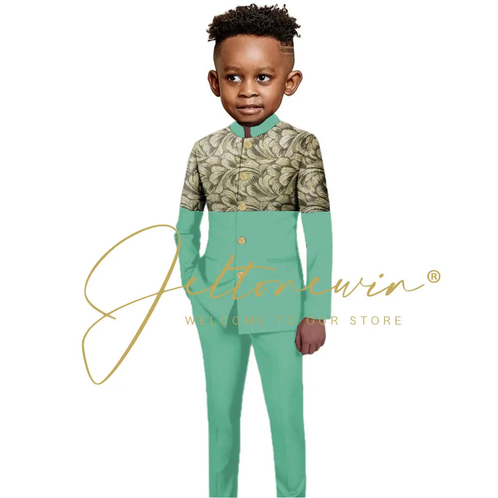 African Style Boys Suit Burgundy Gold Floral Jacket Pants 2 Piece Set Stand Collar Blazer Wedding Tuxedo Kids Formal Party Dress