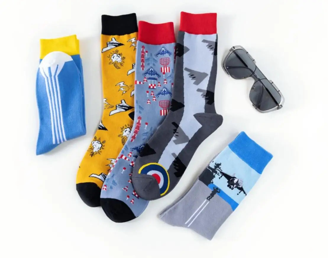 New Fighter Jet Fighter Carrier Aircraft Pattern Socks for Aviation Enthusiasts Stealth Men Crazy Party Crew Socks Cotton