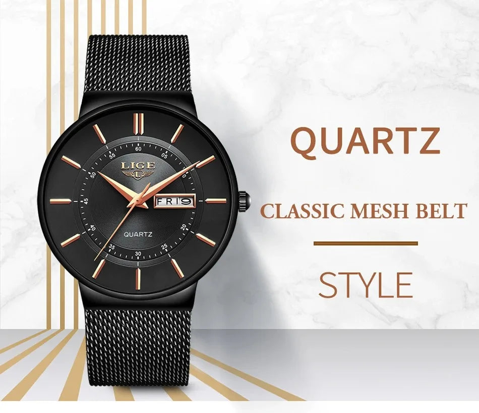 LIGE Fashion Man Watch Waterproof Sport Calendar Quartz Watch Men Top Brand Luxury Steel Strap Men's Watches Relogio Masculino