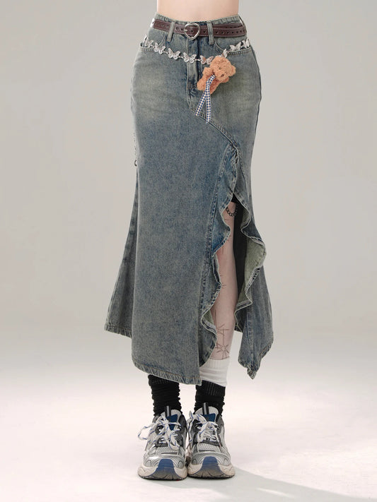 High Quality Hot Selling Wholesale Blue Denim Skirt Women's Split Fish Tail Skirt Design Sense Ruffle Edge Long Skirt Vintage