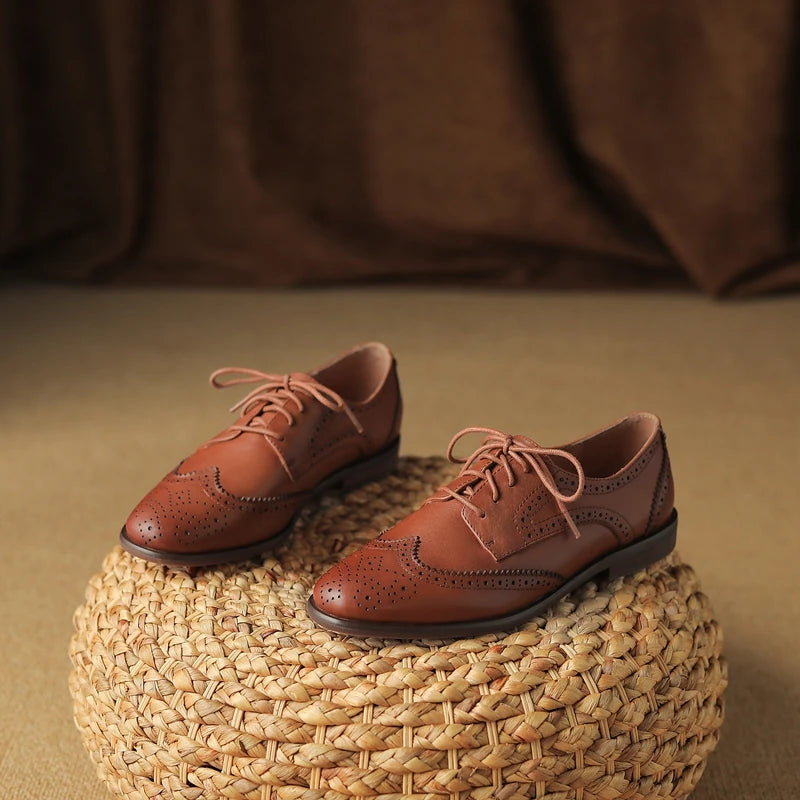 Women's New Round Head Burnt Flower Inner and Outer Leather Cowhide Lace up Large Low Heel Block Oxford Shoes
