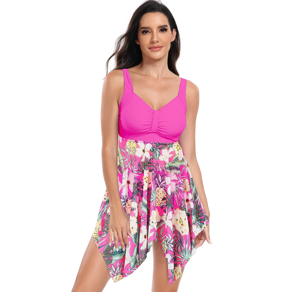 2025 Women Tropical Printed Dress Swimwear Tankini Set High Waist Swimsuit Large Size Quick Drying Bathers Bathing Beachwear