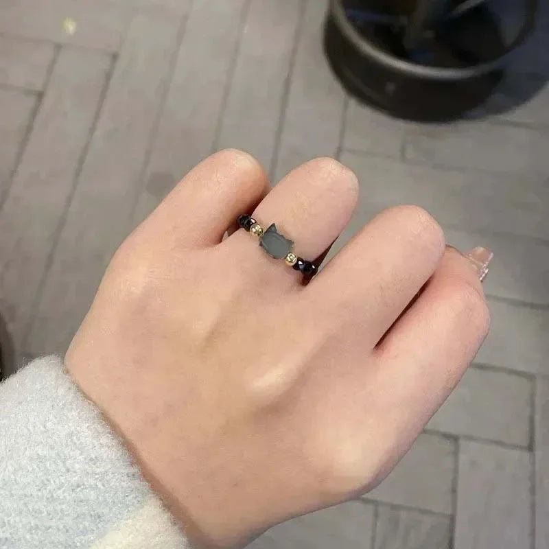 2pcs Natural Moonstone Obsidian Rings Beads Minimalist Fidget Ring Cute Black White Cat Ring Women Men Party Accessories Jewelry