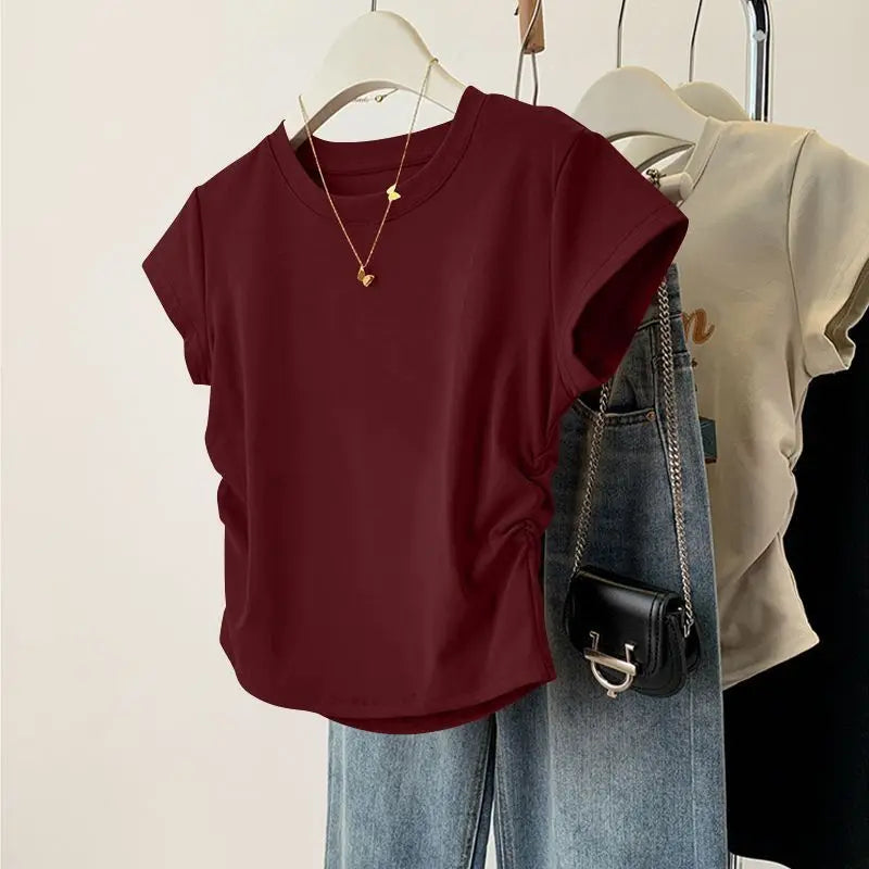 Women Summer Short Sleeve Top Slim Fit Round Neck Tee Breathable Casual