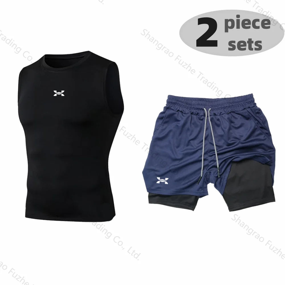 Sports Boxing Sets Basic Sleeveless Shirt+2-in-1 Shorts Sets Gym Compression Quick Drying Training Workout Stretch Skinny Sets