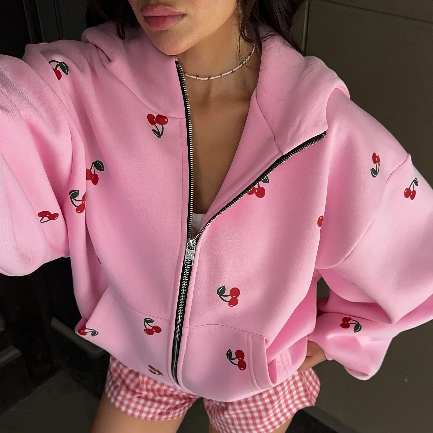 Women's Cherry Printed Sweatshirt Jacket 2025 Autumn Street Style Fashion Trendy Brand Loose Versatile Sports Hoodie Female New