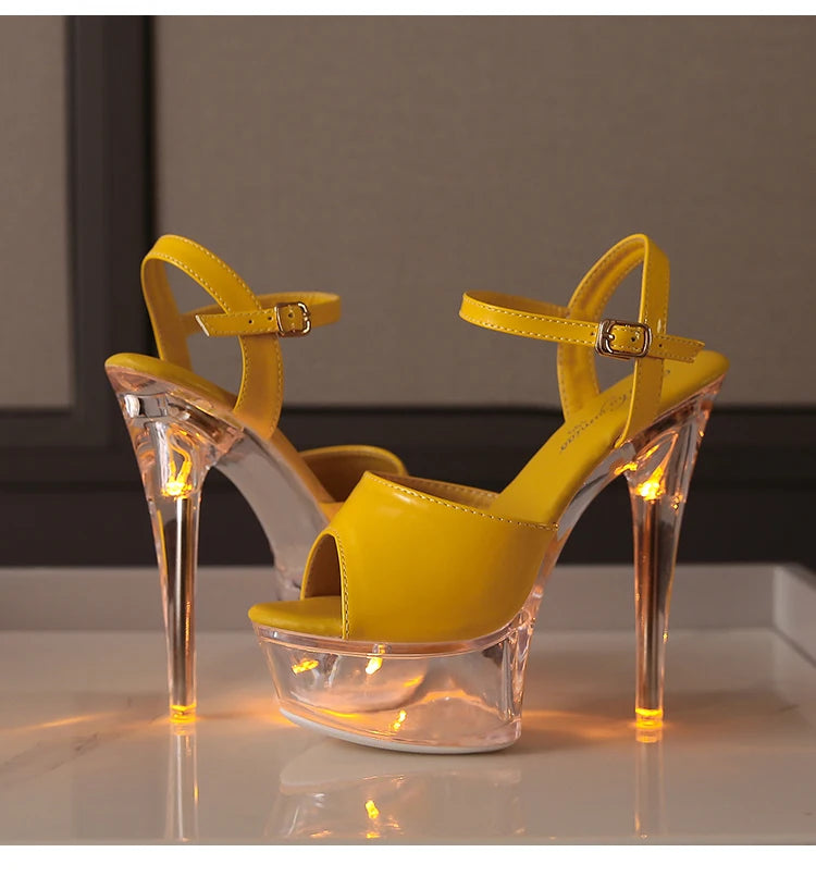 Women's Transparent And Glowing High Heels Red LED Light Up Party Sandals Nightclub Pole Dance Shoes 14.5CM Summer Runway Pumps