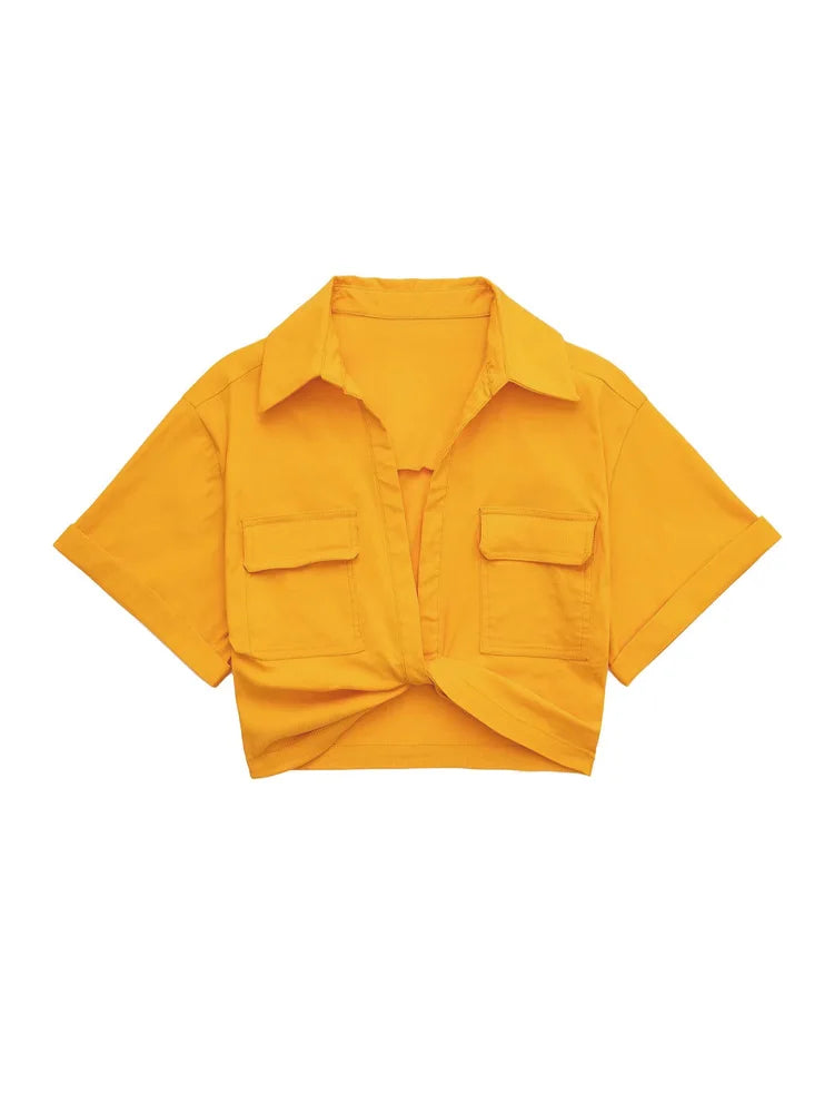 Women Fashion Front Knot Elastic Linen Cropped Shirts Vintage Short Sleeve Patch Pockets Female Blouses Blusa Chic Tops