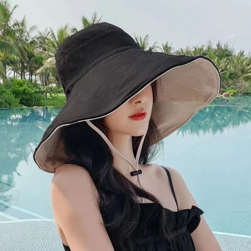 Wide Brim UPF 50+ Sun Hat Women Anti-UV Protection Hiking Fisherman Cap Fold Summer Solid Beach Hat 2024 Double sided Sun hat BAZAARHUBO