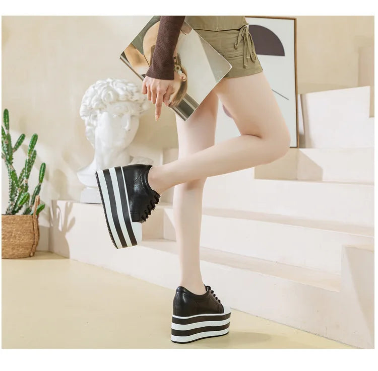 Fujin 12cm Genuine Leather Synthetic Women Autumn Spring Platform Wedge Women Fashion Sneakers Chunky Shoes Vulcanize Skateboard