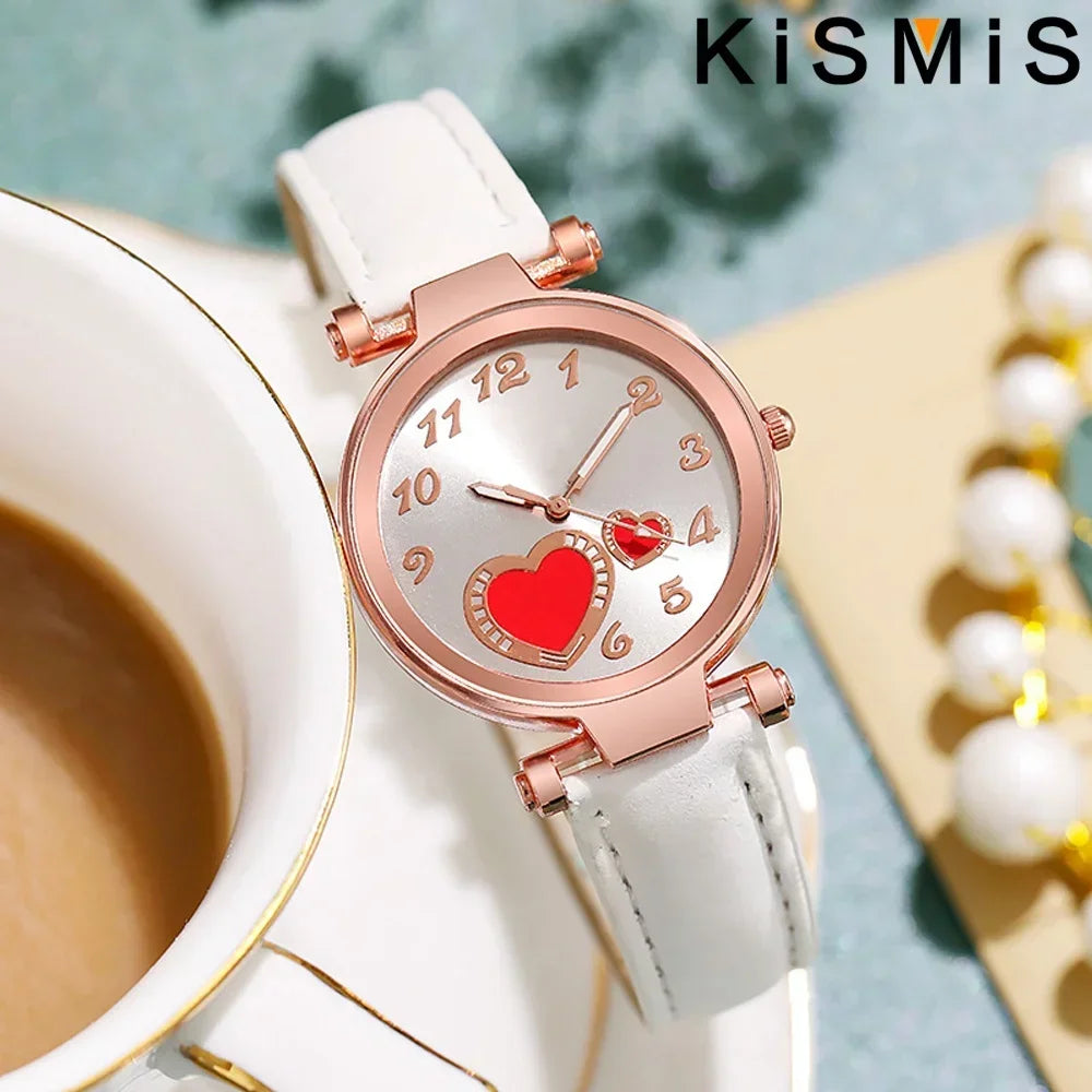 Women Fashion Watch Peach Heart Quartz Watch for Women Frosted Leather Strap Ladies Wristwatch Casual Dress Watch Gift for Her
