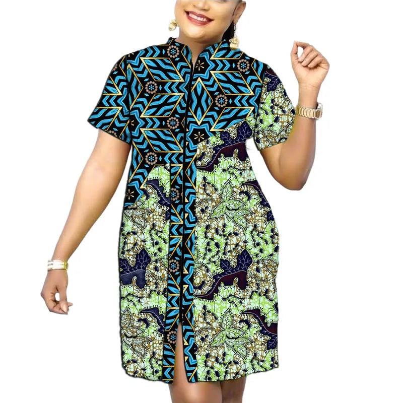 Original Design African Print Women’s Dress Stand Collar Frock Tailored Traditional Party Wear Retro Patchwork Designs