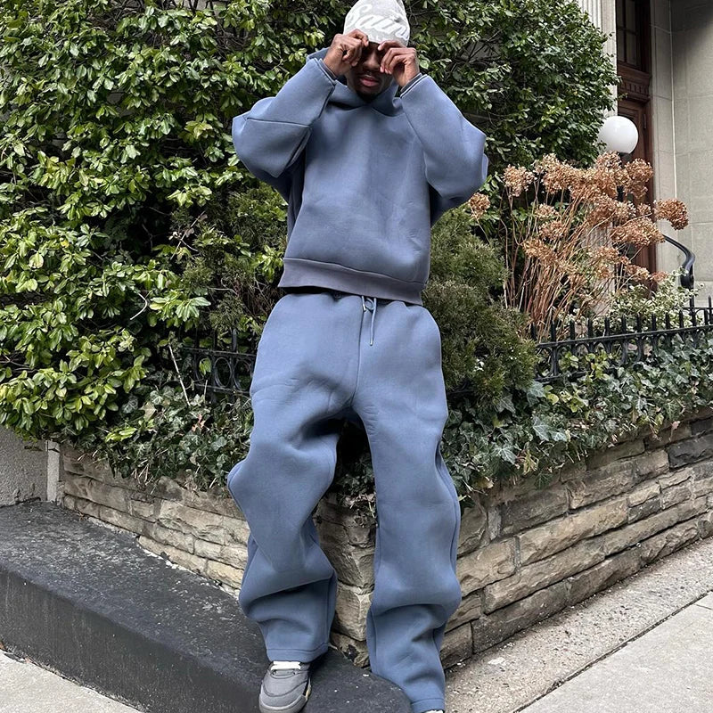 Men's Casual Solid Hooded Pullover Straight Pants 2 Piece Set Tracksuit For Fashion Loose Hoodies Sweatshirt Wide Leg Sweatpants