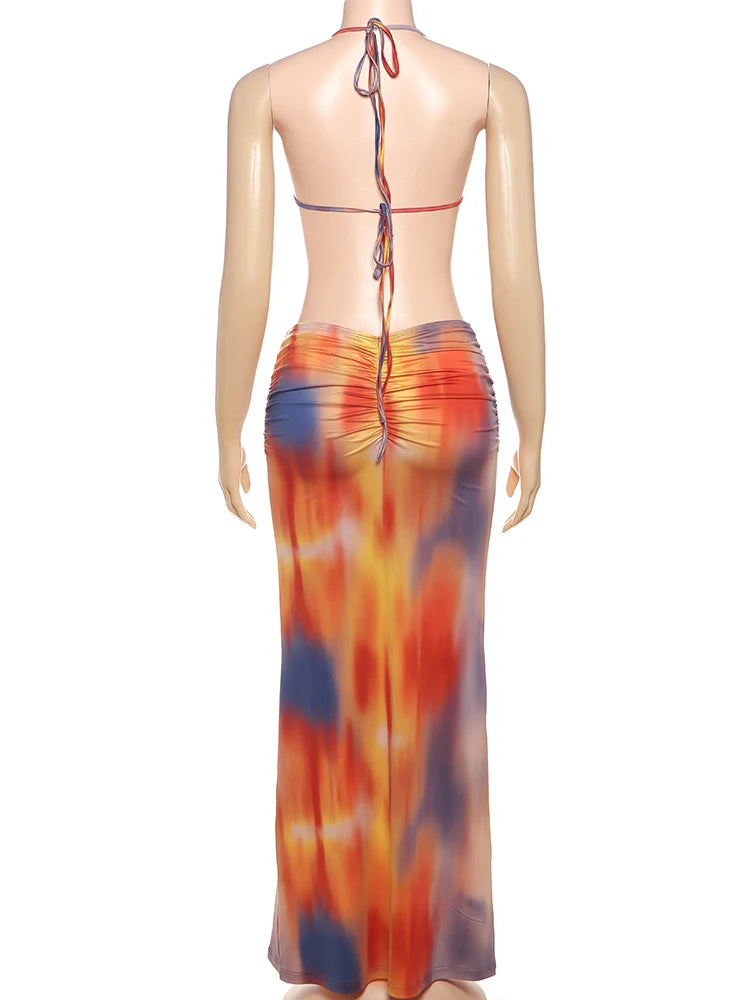 kliou Pearl Splice Stunning Dresses Women Sexy Tie Dye Tassel Bandage Hollow Shirring Maxi Bodycon Lady Vacation Party Vestidos
