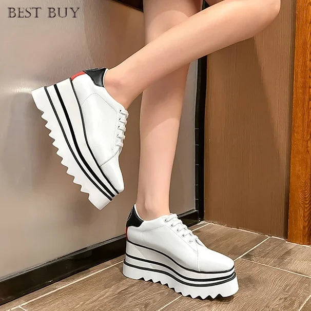 New beige Women Platform Casual Shoes 2024 Spring Black Casual Chunky Sneakers Women Real Leather White Height Increasing Shoes