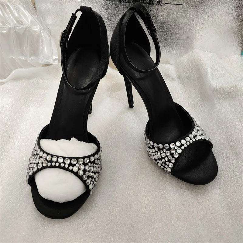 Summer 2023 Internet Celebrity Rhinestone Open Toed Sandals Fashion Round Toe Slim Heel Sandals Sexy Wrapped Party Sandals 35-43