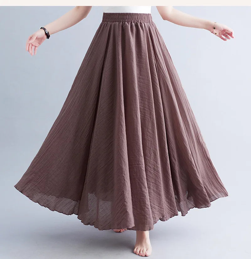 New 2020 Women Linen Cotton Long Elastic Waist Pleated Maxi Skirt Beach Vintage