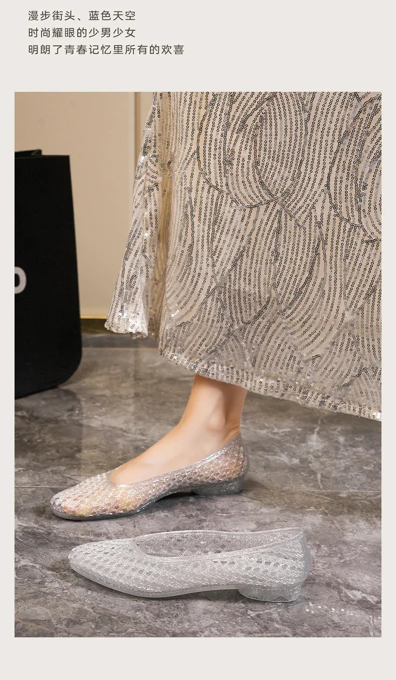 Summer Flat Sandals Women Hollow Out Crystal Plastic Jelly Shoes Mesh Outdoor Sandals