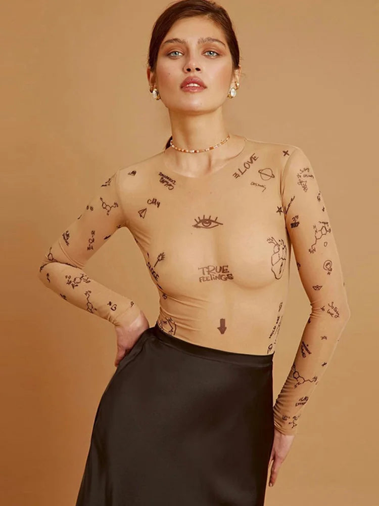 Women Slim Fit O Neck Mesh Bodysuit Long Sleeve Polyester Elastane Party Wear