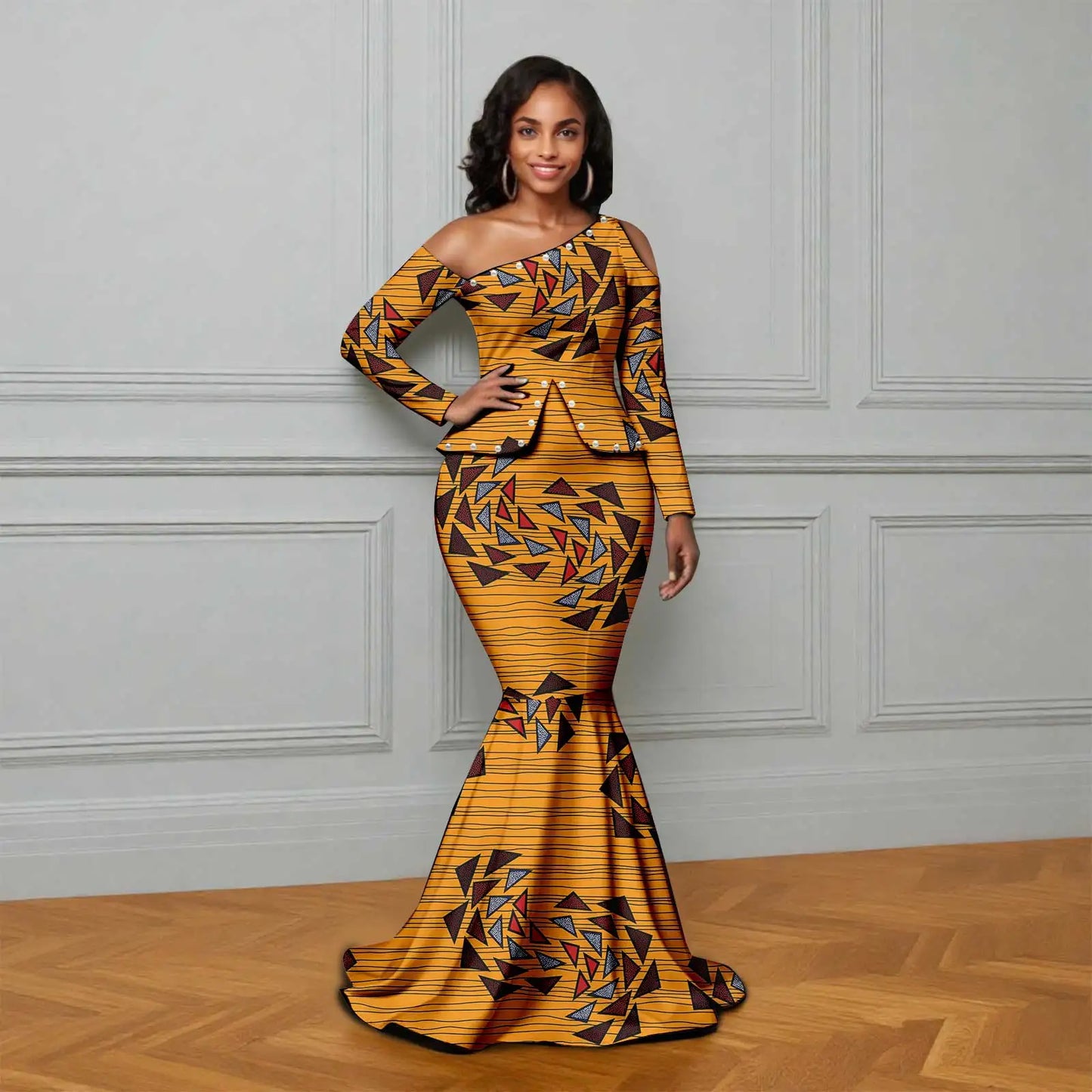 African Ankara Printed Fabric Women's Dress Skew Collar Long Sleeve Floor-Length Dress Elegant fashion 2625007