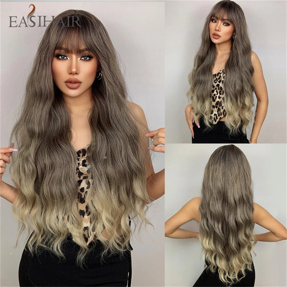 EASIHAIR Dark Brown Long Curly Synthetic Wig with Bangs Brown Women's Wigs for Cosplay Daily Use Heat Resistant Natural Hair