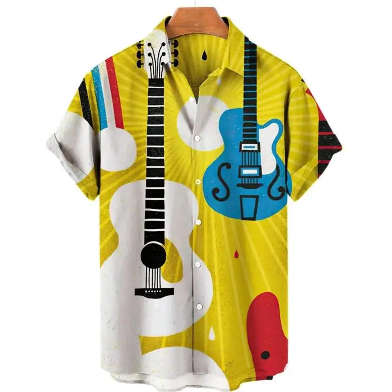 Shirts For Men Hawaiian Music Note Pattern Fashion Print Summer Harajuku Blouses Short Sleeves Hawaii Beach Tops Tees Clothing