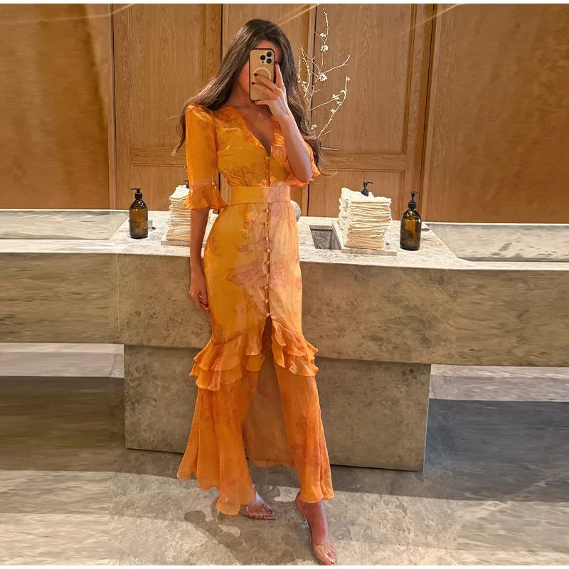 V Neck High Split Half Sleeve Slim Long Dress Print Waist Cinching Ruffle Hem Maxi Robes 2026 Women Party Vacation Vestidos
