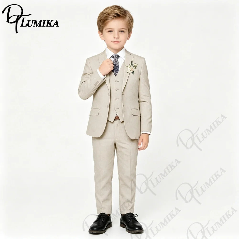 Handsome Linen Boys Suit 4-Piece Set with Floral Bow Tie 2026 Classic Formal Blazer Vest Pants for Ring Bearer Wedding Party