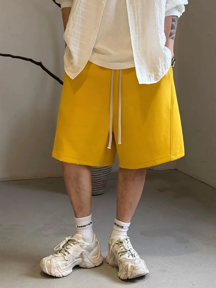 Mens Summer Casual Shorts Loose Fit Elastic Waist Drawstring Streetwear Sweatpants Hip Hop Shorts Knee Length Straight Trousers
