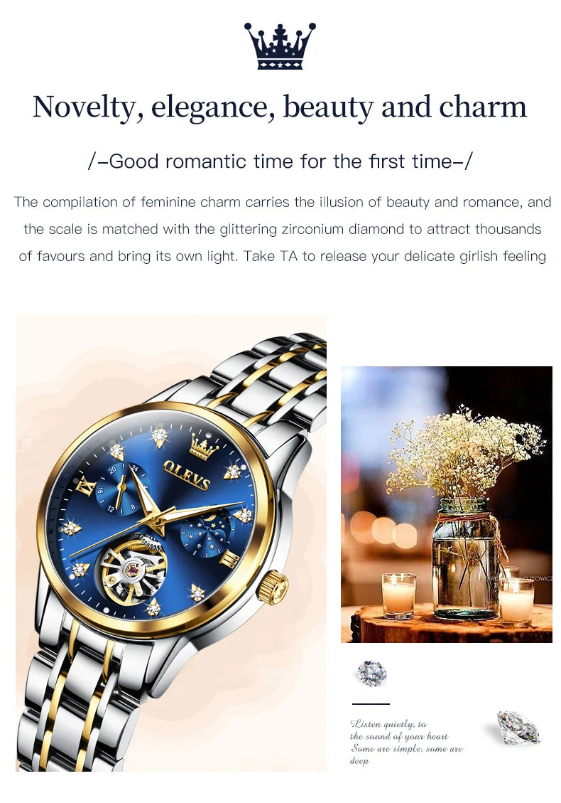 OLEVS 6608 Women Watch Original New Luxury Watch Stainless Steel Automatic Mechanical Diamond Scale Waterproof Watches For Women