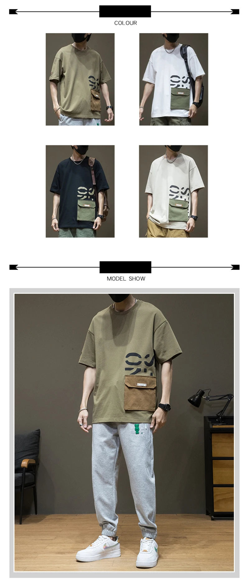 Summer Men's Short Sleeve Letter Printed T-shirt With Cargo Pocket Casual Cotton O-Neck Tops Y2K Streetwear Oversized Tee Shirts