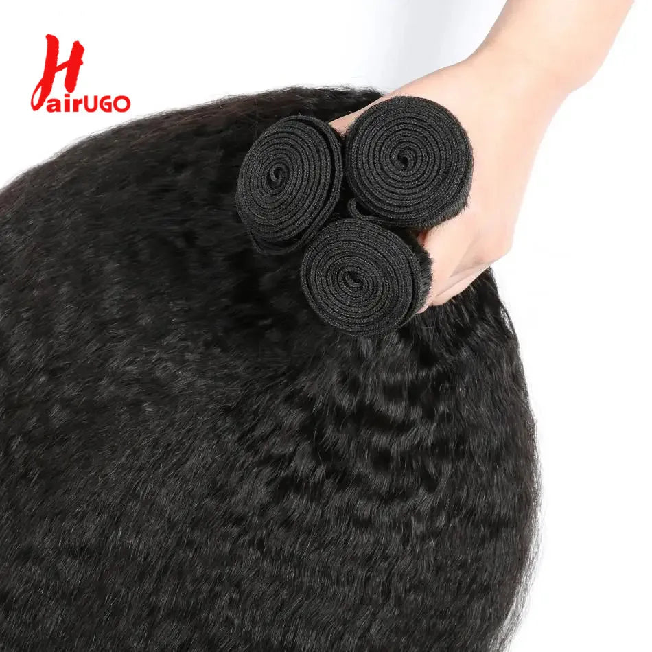 HairUGo Brazilian Kinky Straight 1/3 Bundles Remy Yaki Straight Bundles Human Hair Extensions Natural Color Human Hair Weave
