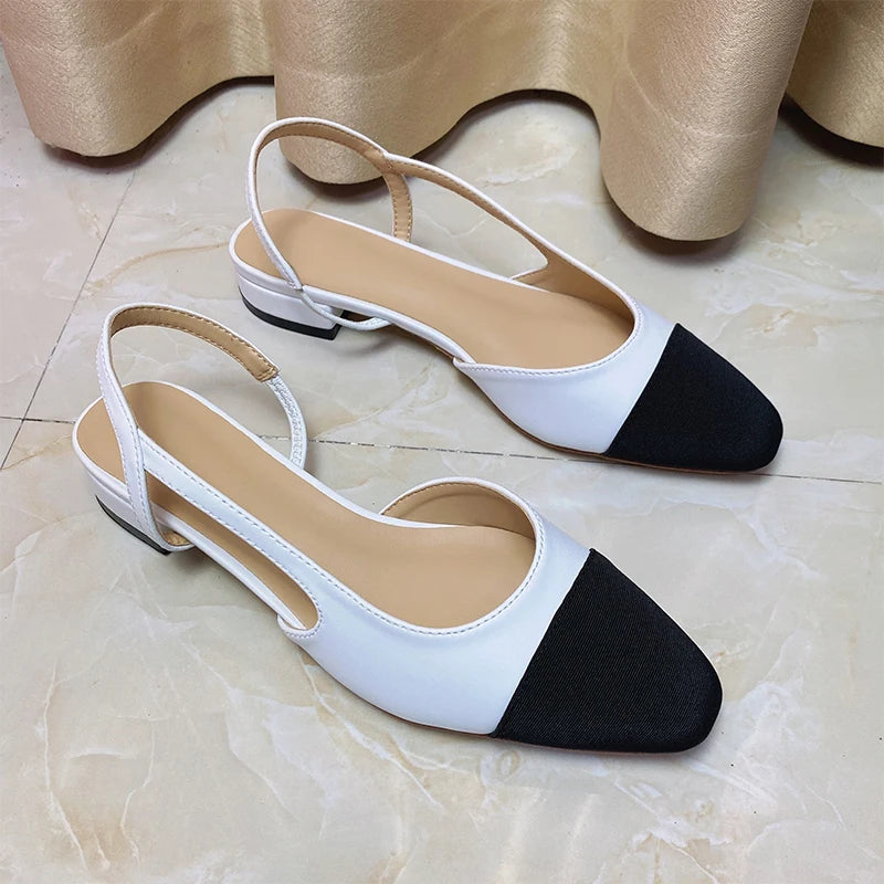 2023Spring Autumn Fashion High Heels Sandals Women's Dress Square Toe Slingback Shoes Women's Color Block Back With Flat Sandals
