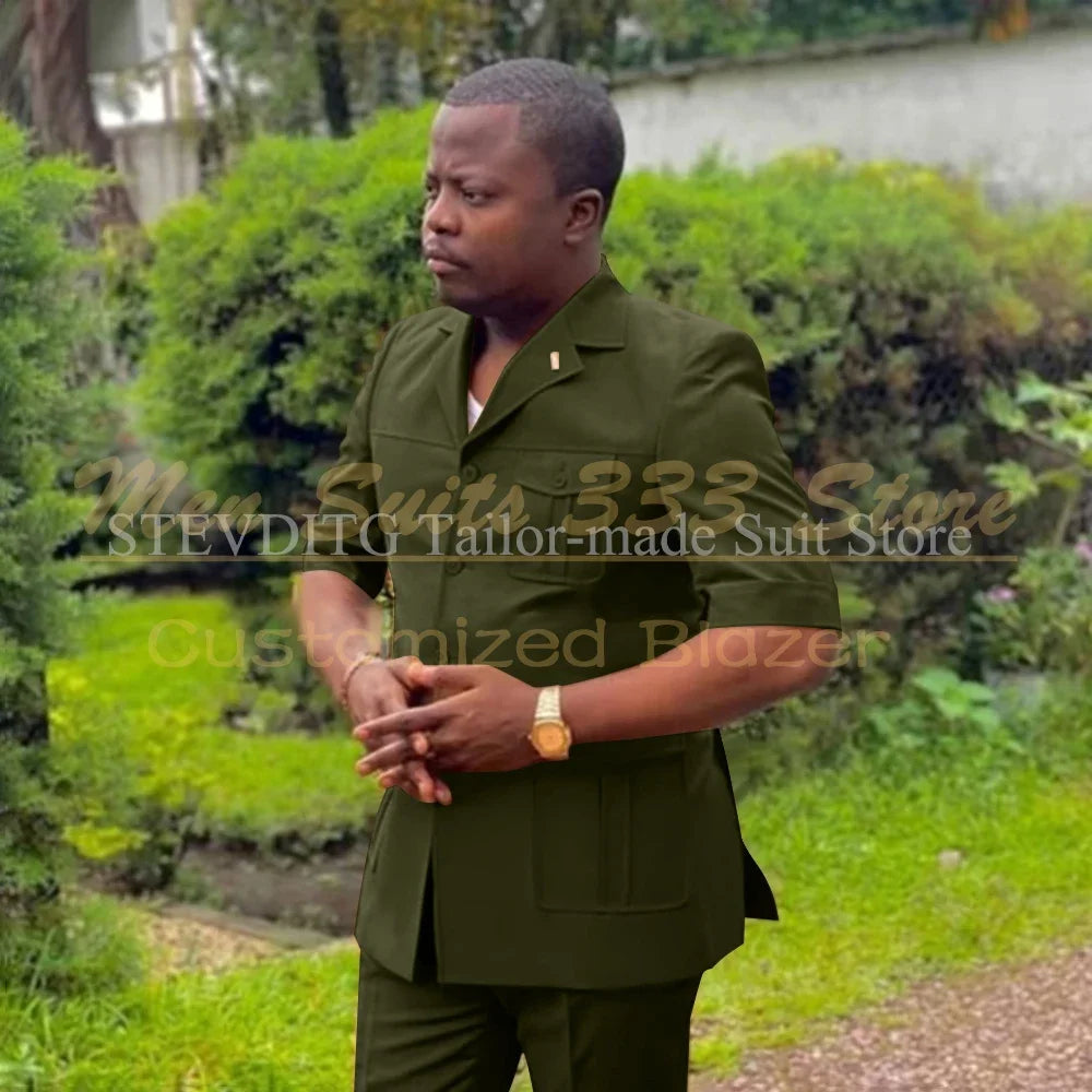 Safari Men Suits with Short Sleeve 2 Pieces Single Breasted Stand Notch Lapel African Fashion Style Set Jacket Pants
