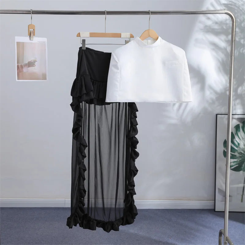 Elegant Stand Collar Women's Cape Skirts Suit Pocket Crop Tops Pleated Mini Skirt Lady Set 2026 Summer Autumn Female Outfits