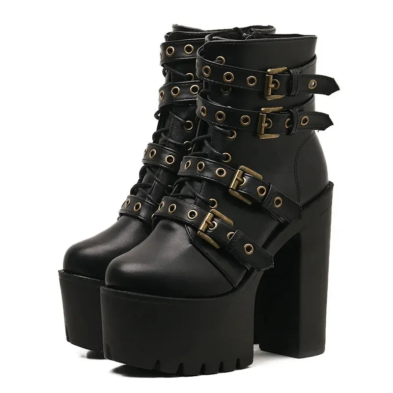 Zip Up Platform Ankle Boots High Heels Round Head Black Leather Goth Studded New Rock Combat Punk Women Shoes On Offer