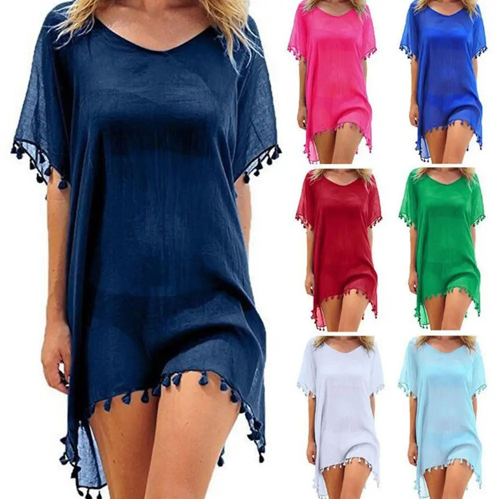 Fashion V Neck Summer Sunscreen Smock Loose Casual Beachwear Shirt Bathing Suit Vacation Swim Dress for Women