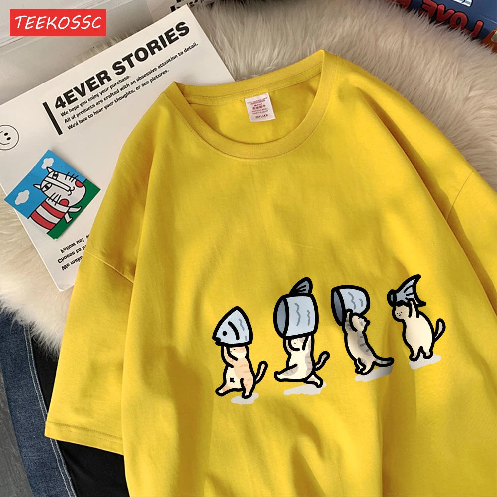 Four Little Cats Holding Fishcotton Women T-Shirts Cartoons Prints T Shirts Soft O-Neck Loose Short Sleeve Tops Summer Clothes